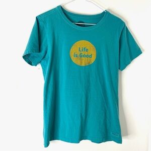 Life Is Good Teal Green Distressed Logo Graphic Crew Neck Tee